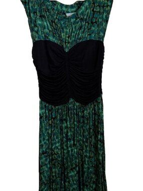 Anthropologie Plenty Fit & Flare Dress Black Green Print Cap Sleeve Knee L